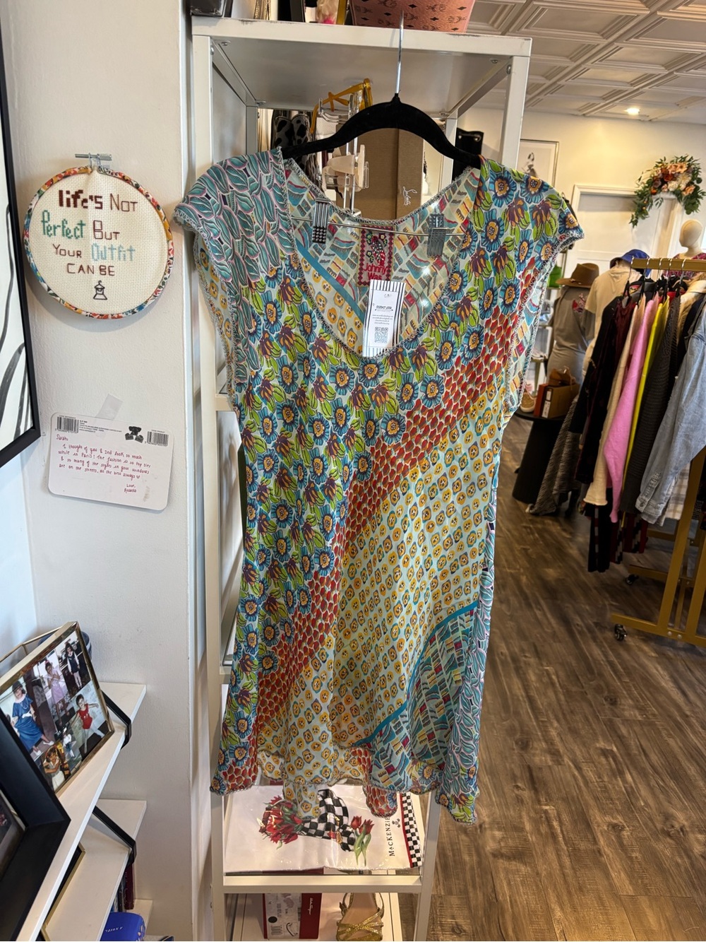 Johnny Was Teal, Yellow & Red Floral Patchwork V‑Neck Dress